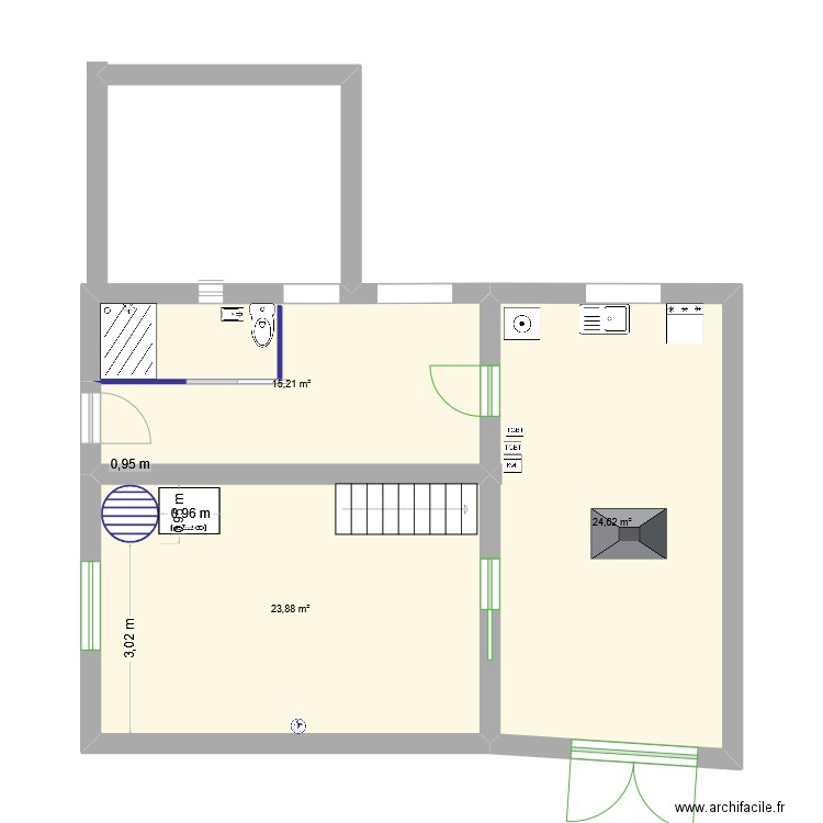 sous sol 2. Plan de 3 pièces et 64 m2