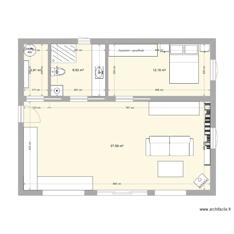 rdc maison 52 m2. Plan de 4 pièces et 59 m2