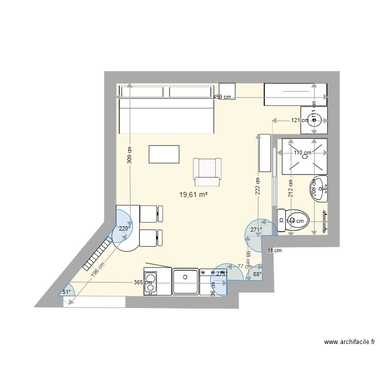 appart. Plan de 1 pièce et 20 m2