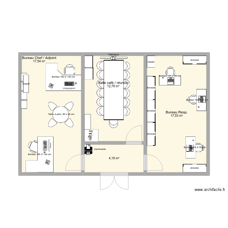 cont cs. Plan de 4 pièces et 52 m2