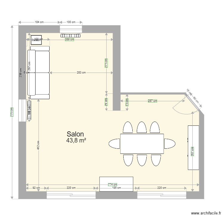 Salon Phil 2. Plan de 1 pièce et 44 m2