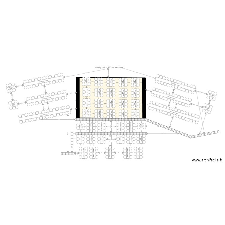 configuration 350 personnes. Plan de 2 pièces et 76 m2