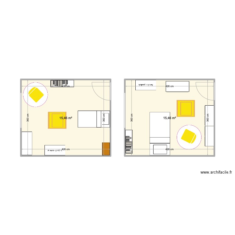 chambre Zola. Plan de 2 pièces et 31 m2