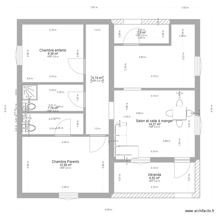 Plan maison 2 chambres. Plan de 7 pièces et 60 m2