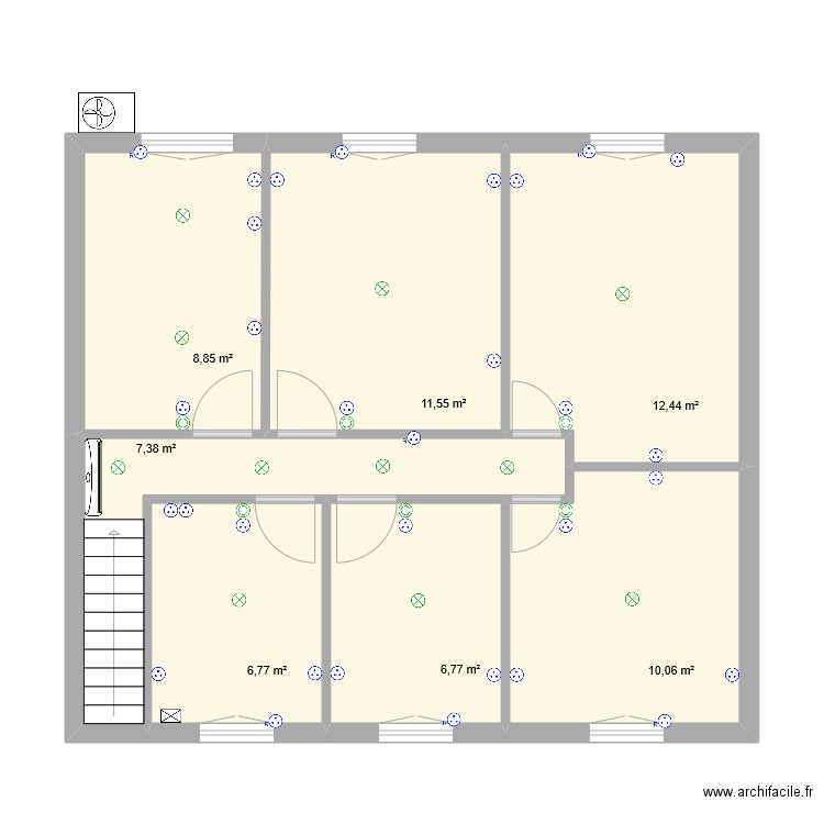 Etage Electrique. Plan de 7 pièces et 64 m2