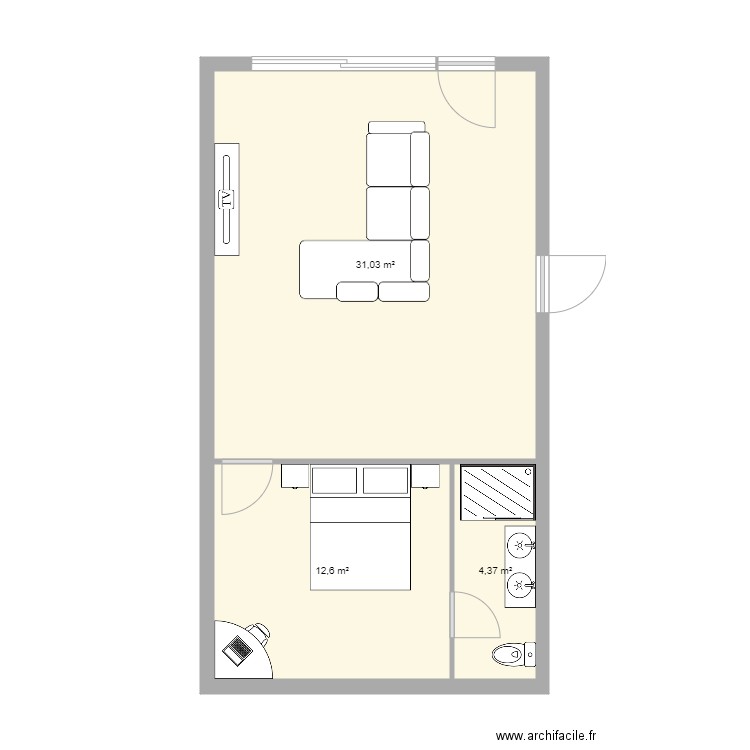 cuisine. Plan de 3 pièces et 48 m2