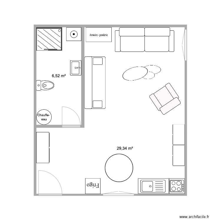 Studio 2. Plan de 2 pièces et 36 m2