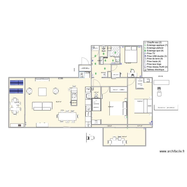 Santa Clara 2 face mer version famille Vtest4. Plan de 17 pièces et 119 m2