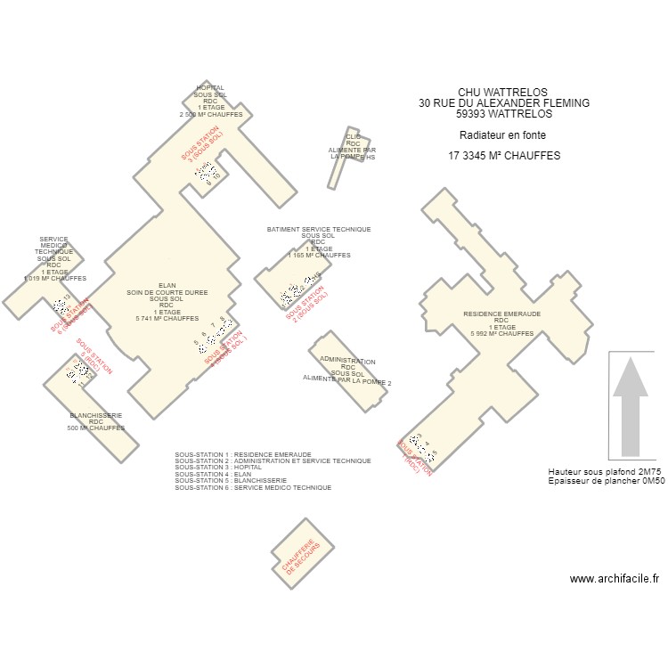 CHU WATTERLOS (17 334M² surface chauffée). Plan de 7 pièces et 272 m2