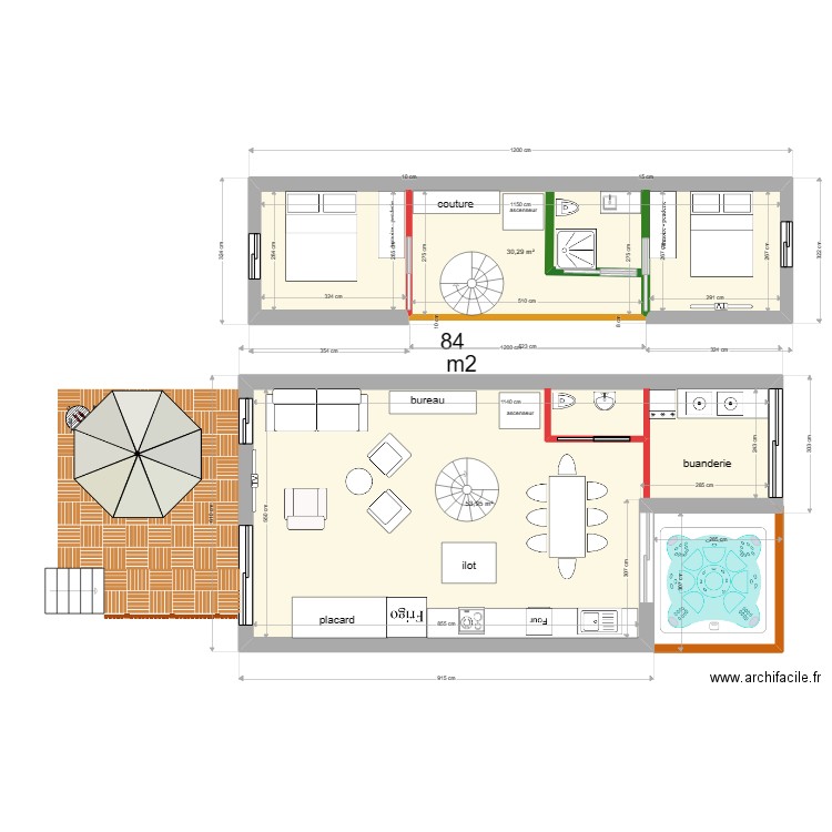 chagny avec demi étage . Plan de 2 pièces et 84 m2