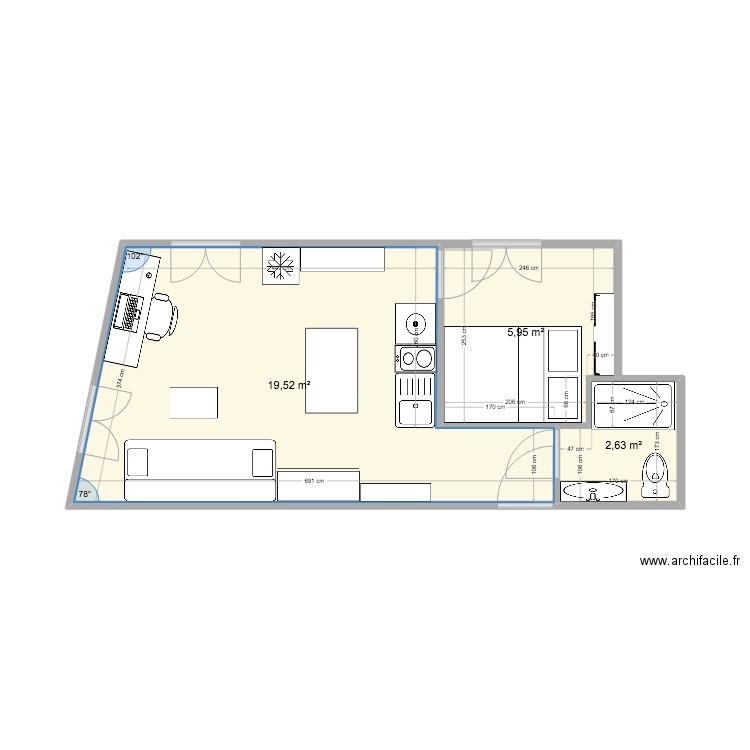 Gautier projet 1. Plan de 3 pièces et 28 m2