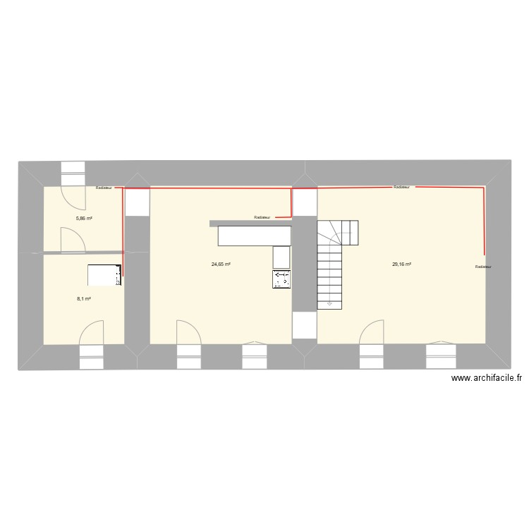 RDC. Plan de 4 pièces et 68 m2