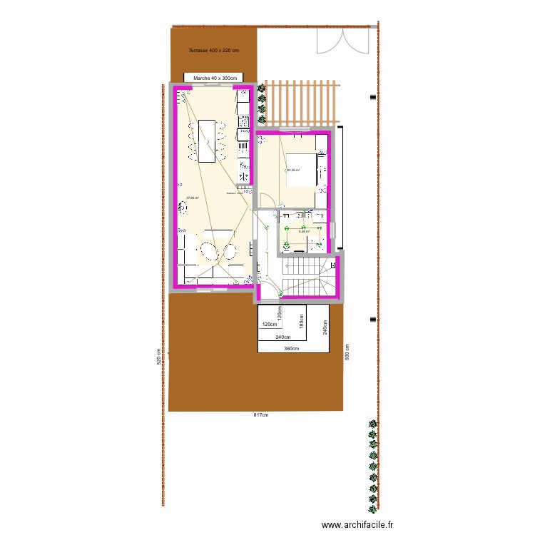 LEROUX  marches 120 x 60 et terrasse en 60 x 60. Plan de 3 pièces et 56 m2