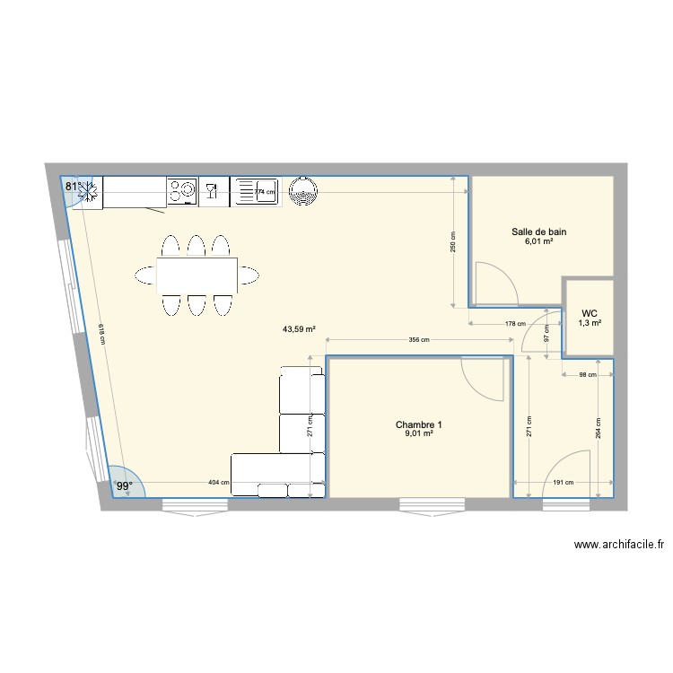 Appartement à rénover Plan C 1 chambre. Plan de 4 pièces et 60 m2