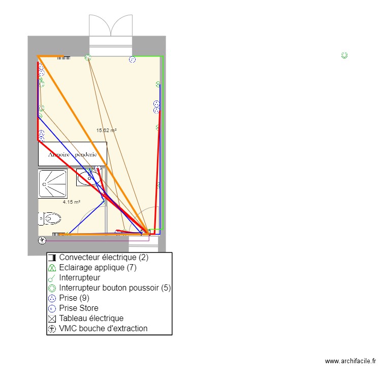 chambres 7 RDC electricité. Plan de 2 pièces et 20 m2