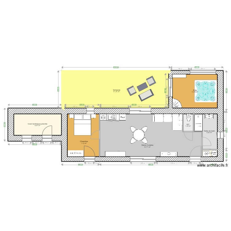 longere. Plan de 8 pièces et 108 m2