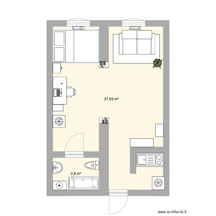 Studio 2. Plan de 2 pièces et 31 m2