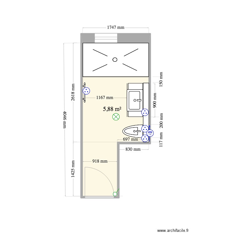 Salle de bain. Plan de 1 pièce et 6 m2