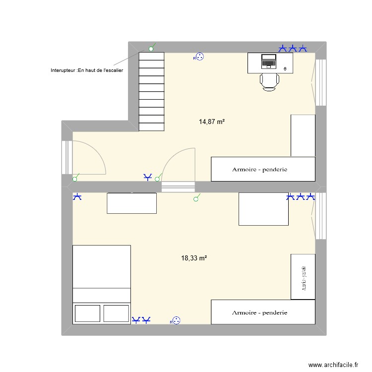 Bureau. Plan de 2 pièces et 33 m2