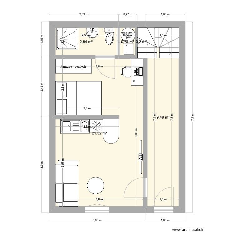 RDC. Plan de 5 pièces et 35 m2