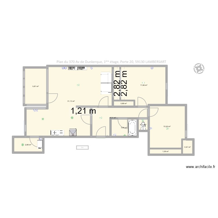 T3 LAMBERSART. Plan de 12 pièces et 76 m2