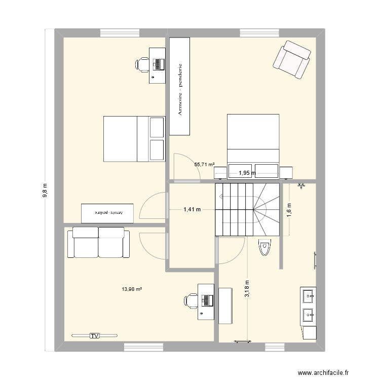 Plan 2e etage futur. Plan de 2 pièces et 70 m2