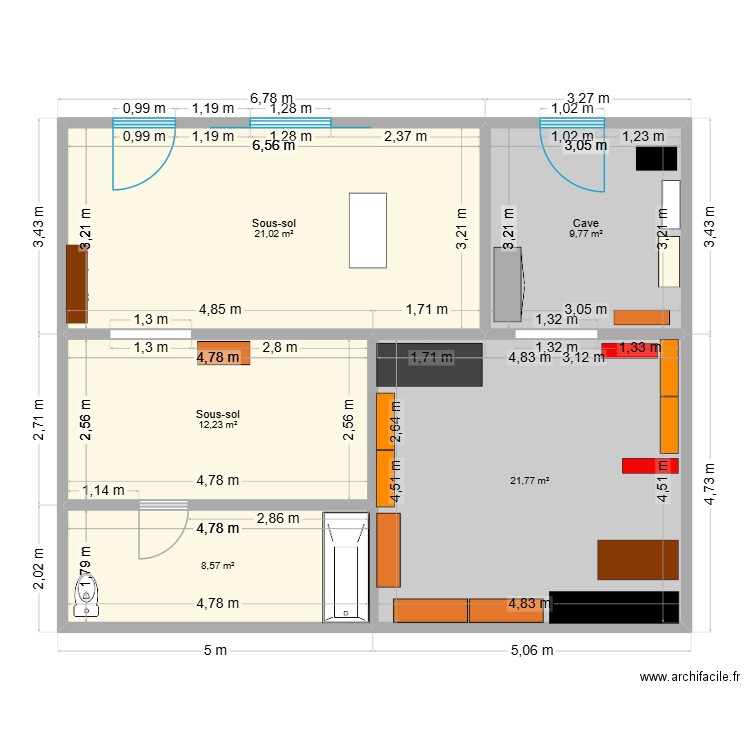 Plan1 studio/cave. Plan de 5 pièces et 73 m2