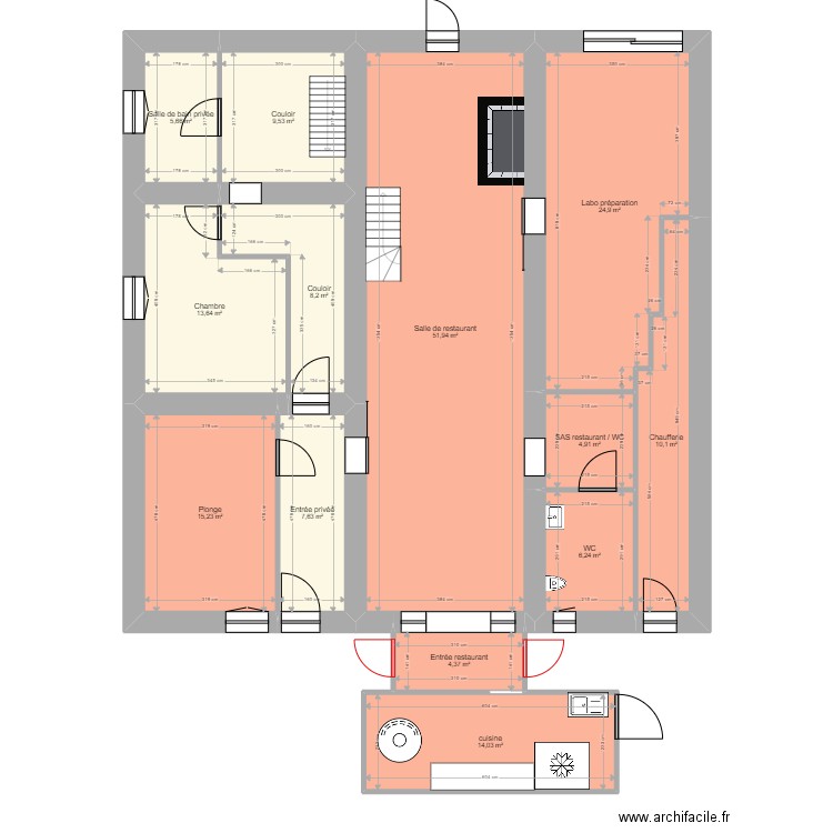 Auberge aux fours à bois après. Plan de 13 pièces et 176 m2