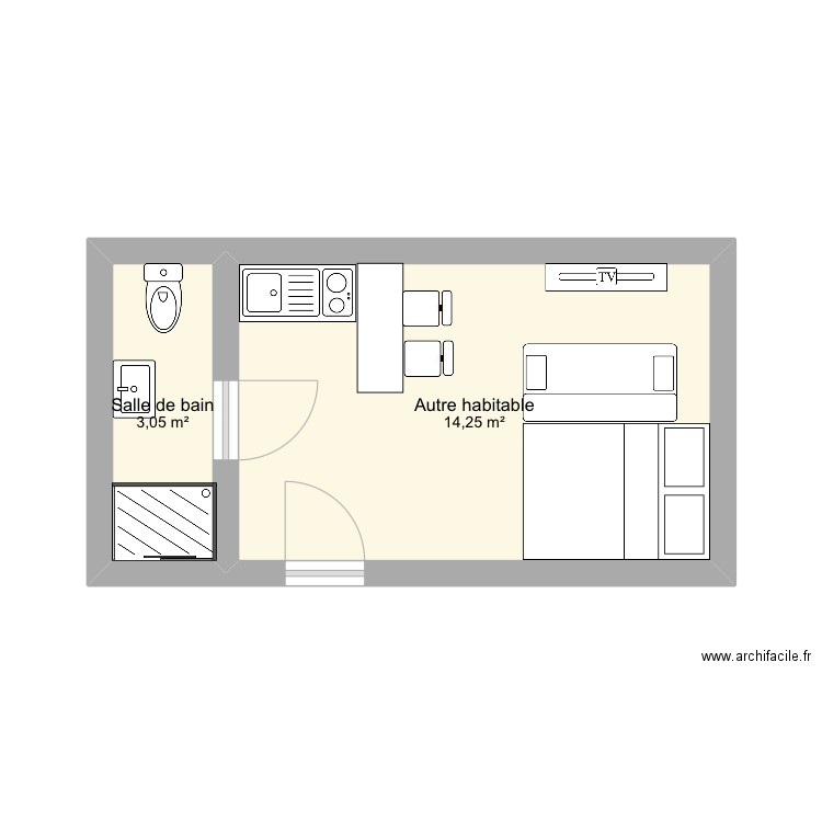 18m2. Plan de 2 pièces et 17 m2