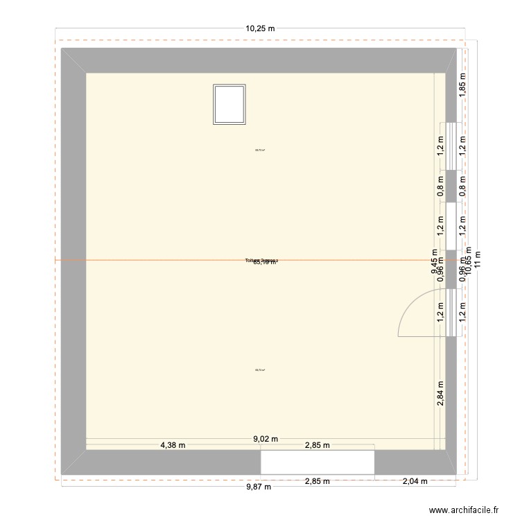 grange. Plan de 1 pièce et 85 m2
