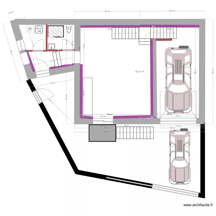 Escalier cave avec balcon et escalier int&eacute;rieur bifurqu&eacute;. Plan de 