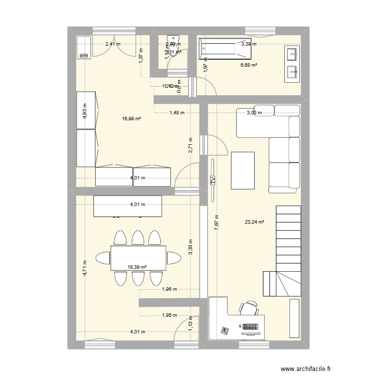 plan bas. Plan de 5 pièces et 66 m2