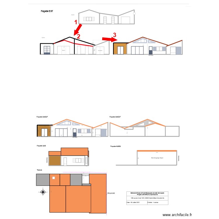 Façades et toit X4. Plan de 29 pièces et 314 m2