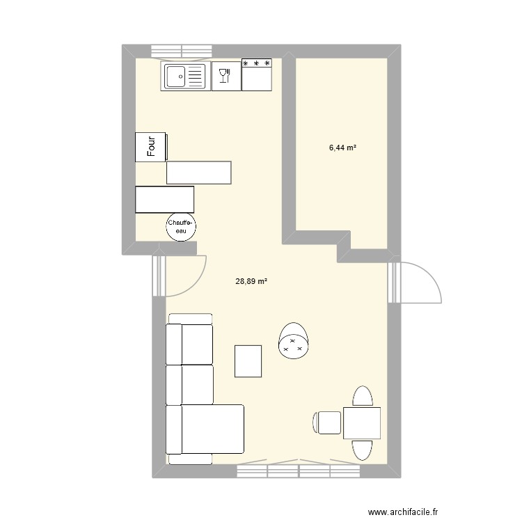 salon-cuisine potentielle. Plan de 2 pièces et 35 m2