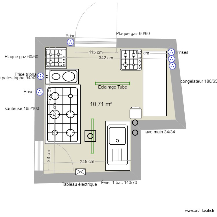 cuisine resto. Plan de 1 pièce et 11 m2