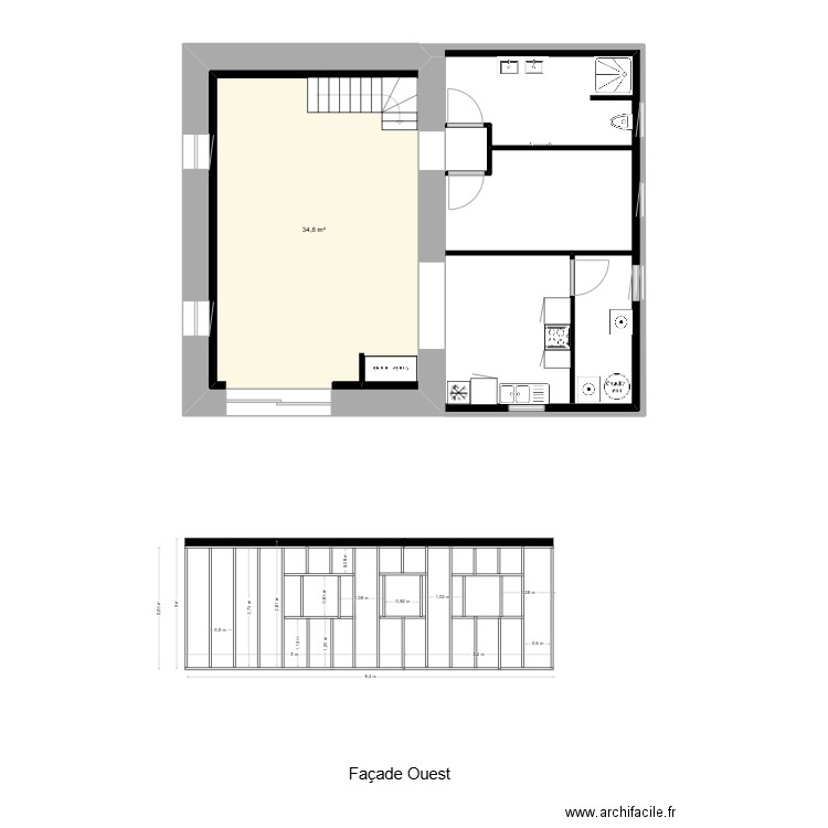 façade Ouest  log 2 ossat bois. Plan de 4 pièces et 88 m2