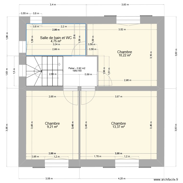 Mesure 1er étage. Plan de 4 pièces et 38 m2