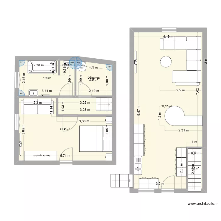 rdc 1 chambre. Plan de 5 pièces et 73 m²