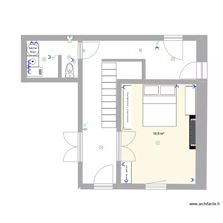 hall buanderie chambre rdc. Plan de 1  et 17 m²