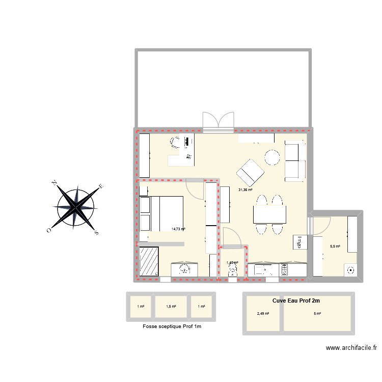 Mada. Plan de 9 pièces et 64 m2