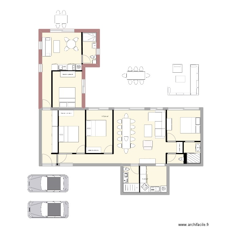 PLESSIS RDC. Plan de 2 pièces et 129 m2