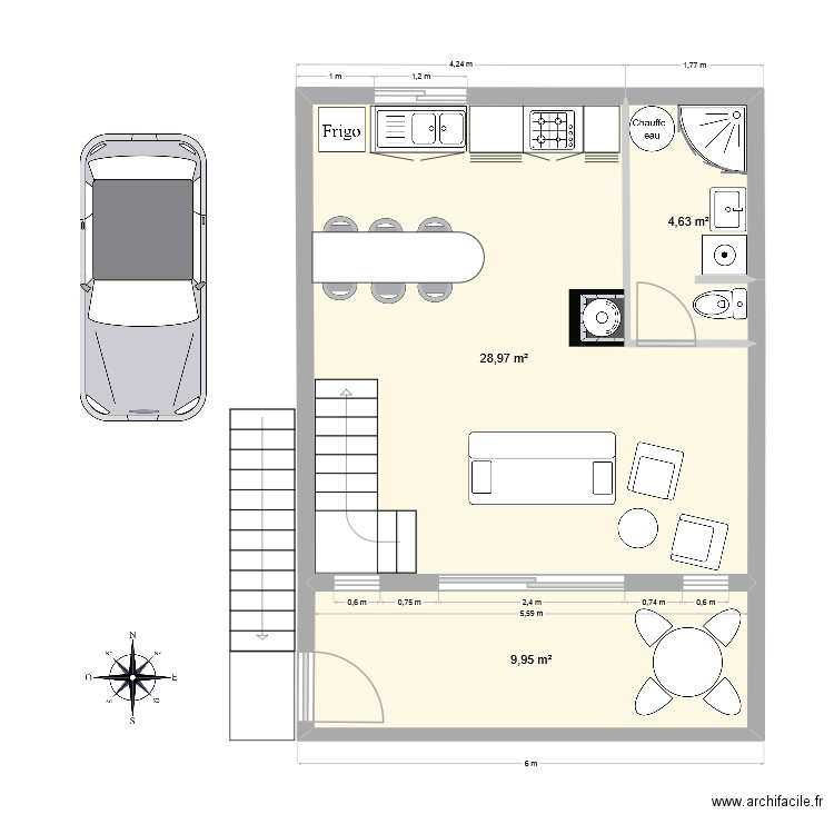 Gite 6 places 1 etage sur pilotis. Plan de 3 pièces et 45 m2