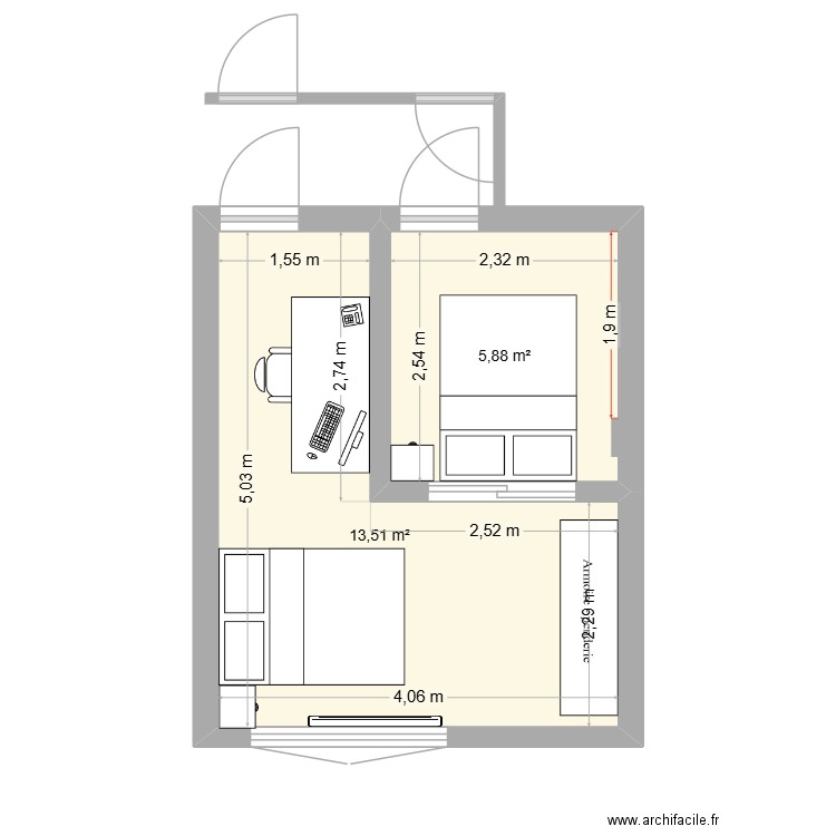 Chambre Enfants. Plan de 2 pièces et 19 m2