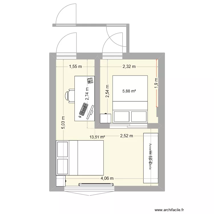 Chambre Enfants. Plan de 2  et 19 m²