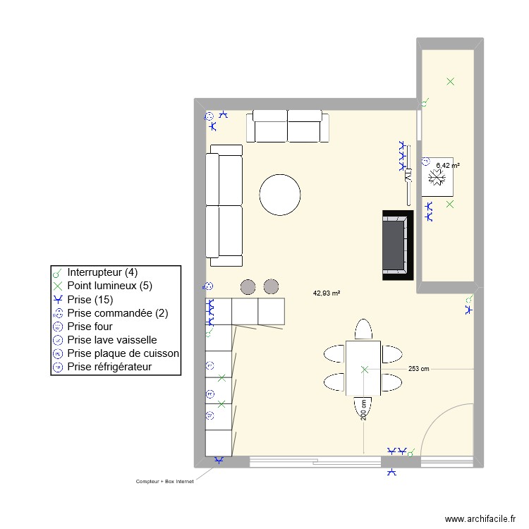 RDC . Plan de 2 pièces et 49 m2