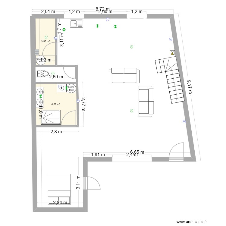 VERETZ. Plan de 2 pièces et 10 m2