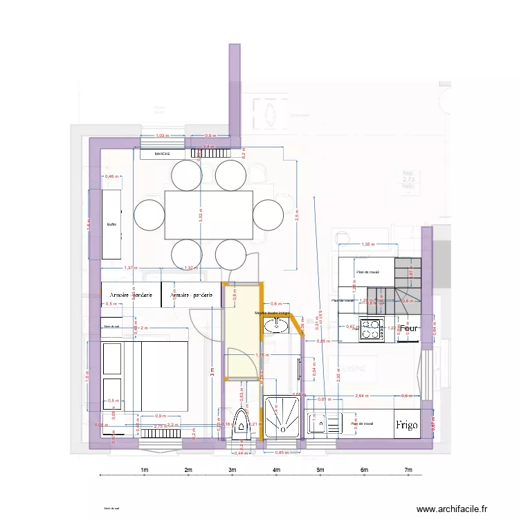 plan meubl&eacute; version M Zeler en agrandissant la chambre aux dimensions actuelles. Plan de 1  et 2 m²