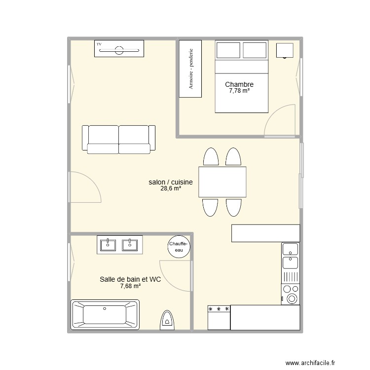 2eme maison en contaner. Plan de 3 pièces et 44 m2