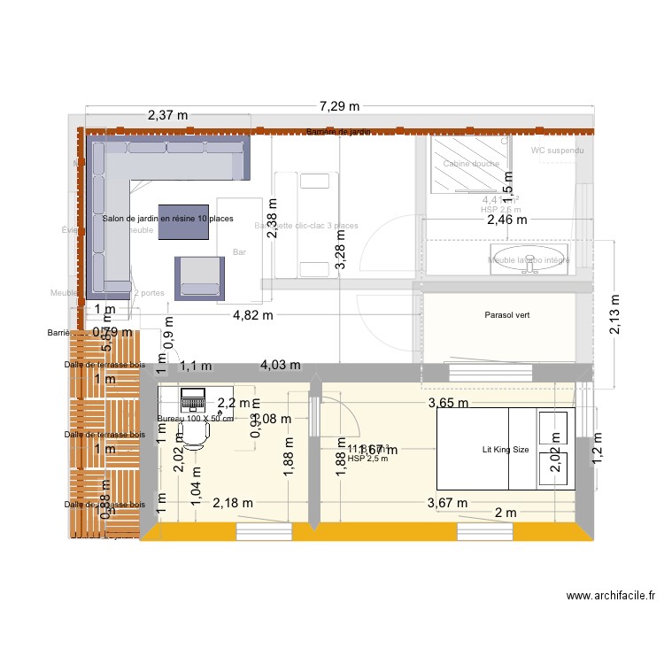 Tyu. Plan de 3 pièces et 23 m2