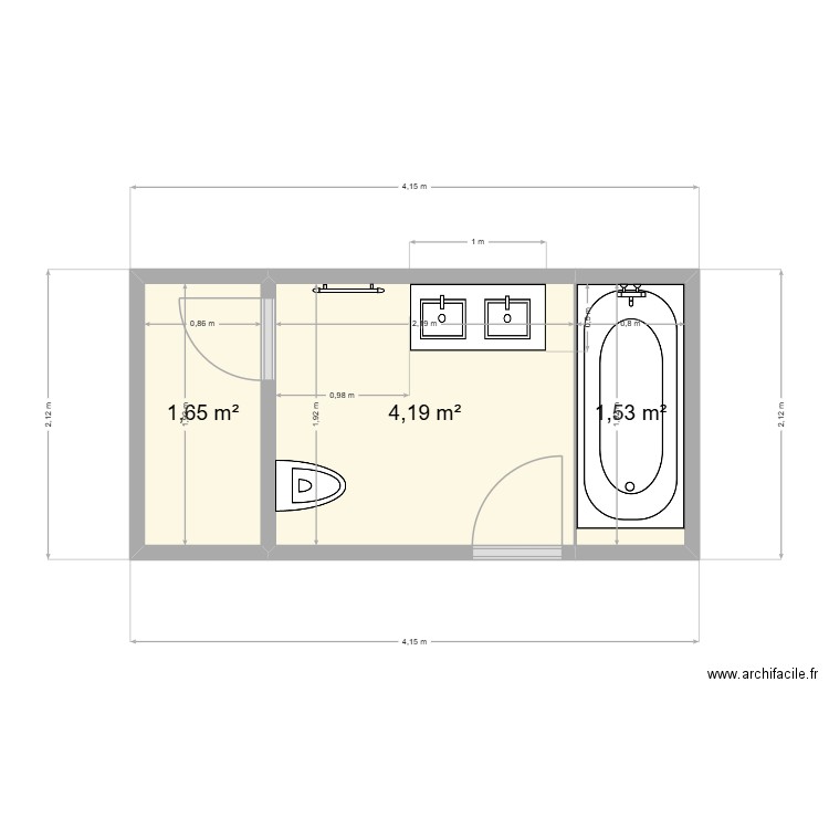 sdb Alexis. Plan de 3 pièces et 7 m2
